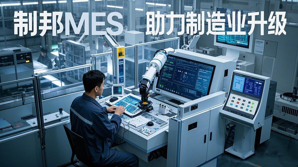 主题为 “制邦MES 助力制造业升级”。画面呈现出一个现代化的智能工厂，车间里机械臂有序地工作，在工厂的中控室里，大屏幕上展示着生产数据和制邦MES的数据分析图表，一位工程师正在通